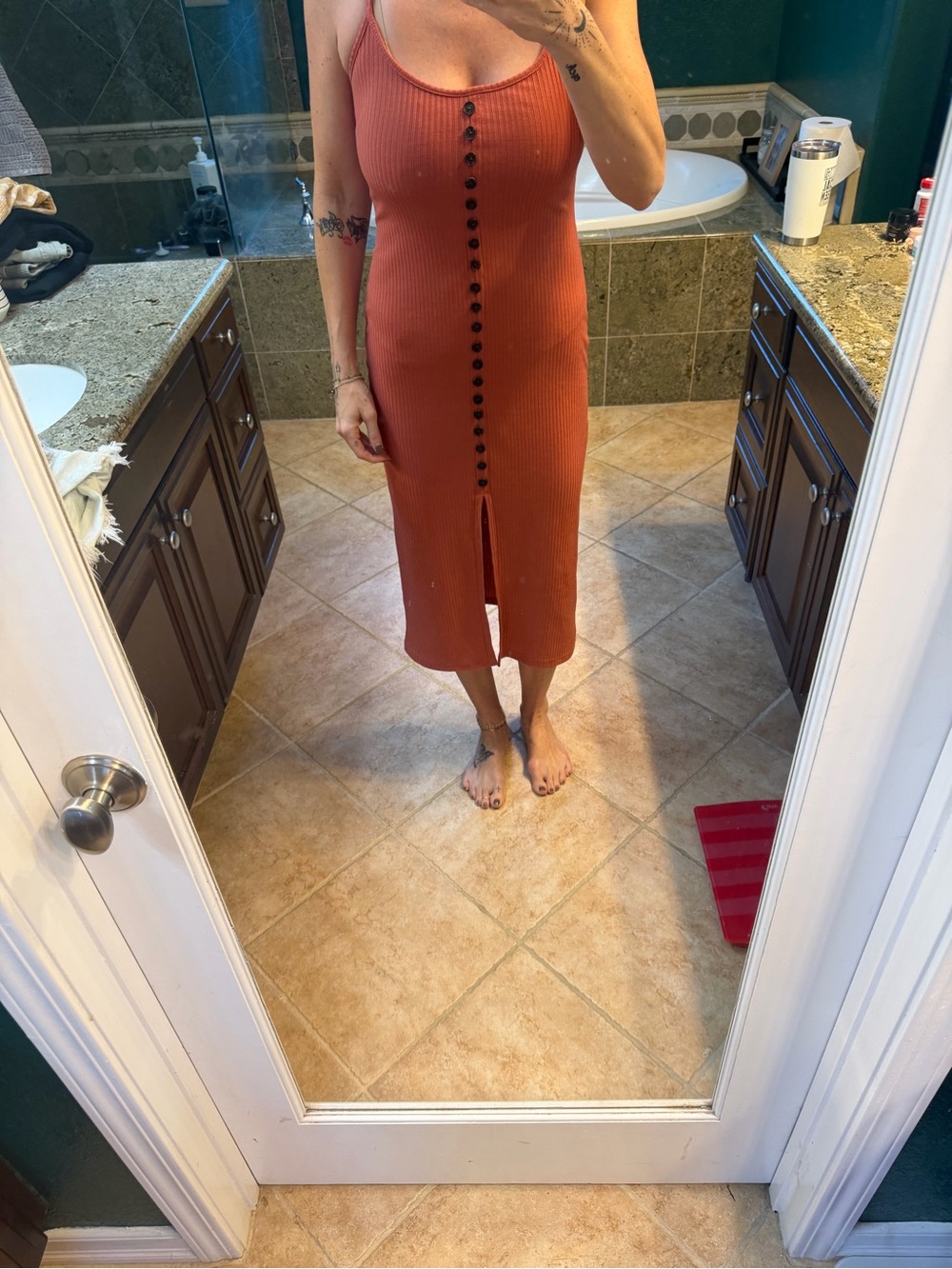 Dress Forum Ribbed Button-Front Midi Dress in Rust